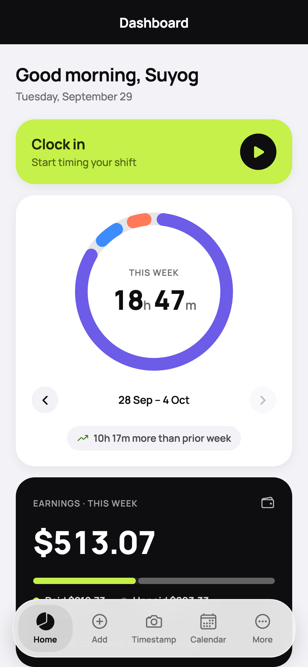 Shiftly dashboard showing weekly hours and earnings
