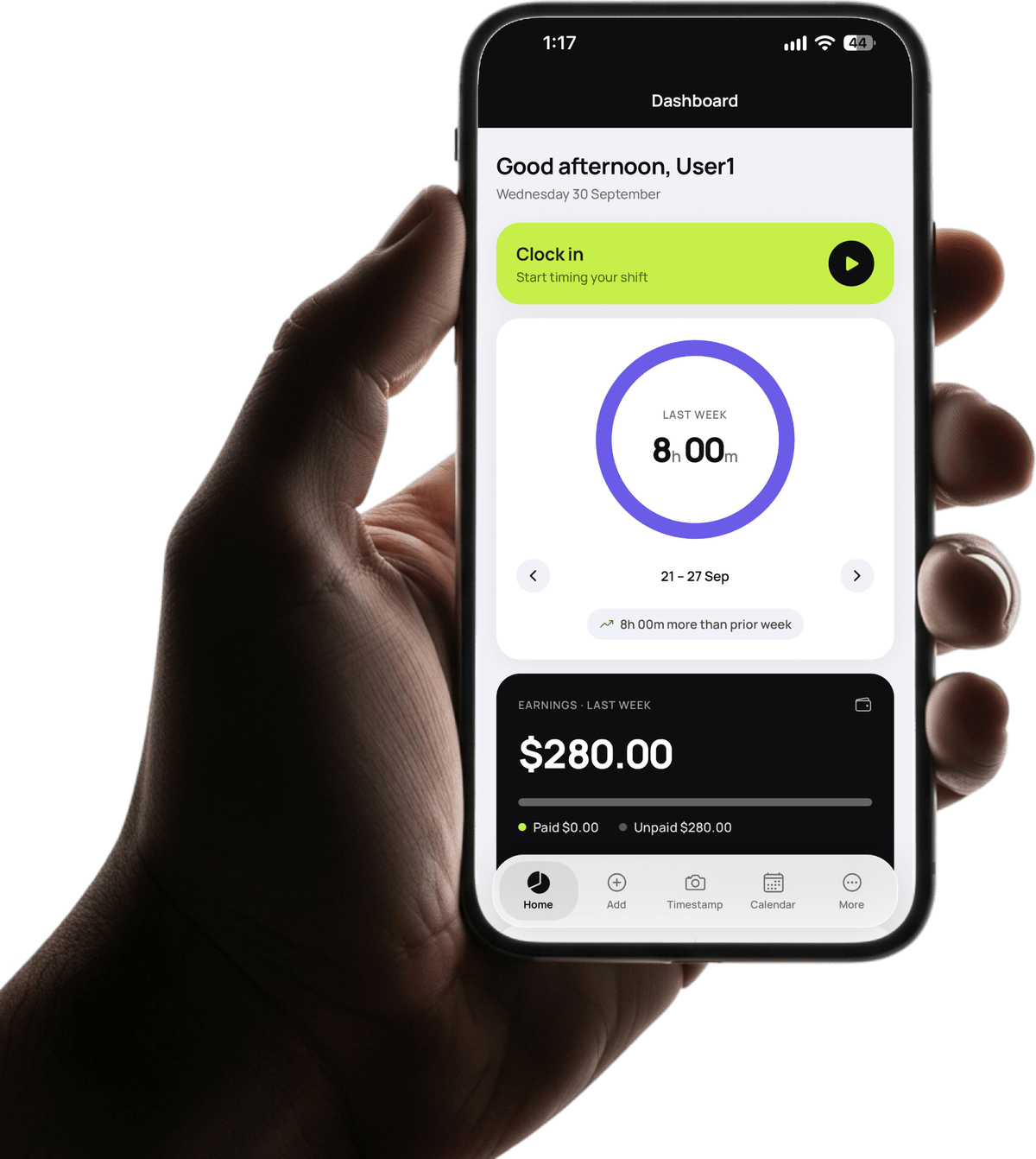 A hand holding an iPhone showing the Shiftly dashboard