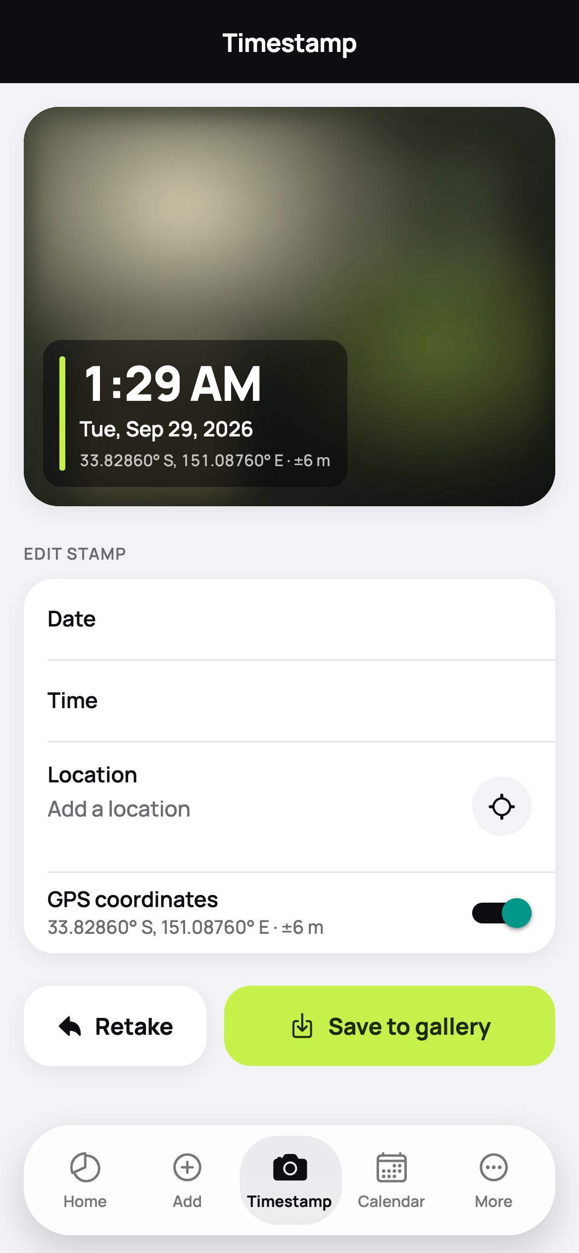 Timestamp photo with date, time and GPS watermark